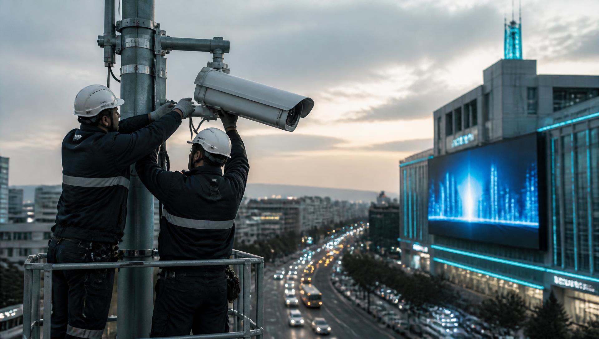 Técnicos de Seranser instalando una cámara ANPR sobre una avenida urbana